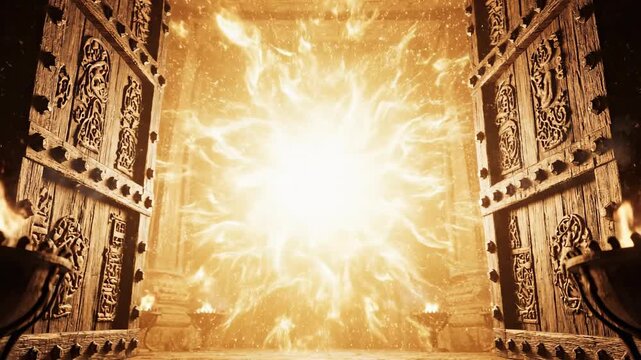 A magnificent ornate wooden temple door slowly opening on aged hinges revealing an intense bright golden light and a powerful sense of sacred discovery antique, heavywood, mystery