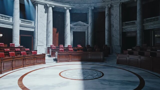 A majestic empty circular legislative hall is bisected by a sharp shadow line under dramatic tension-filled cool architectural lighting failure, historical, justice