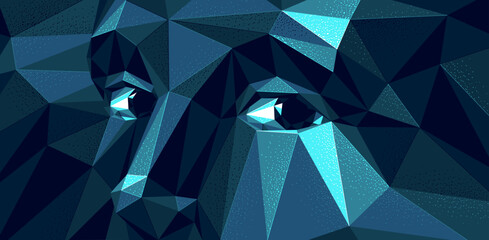 Boy male face low poly vector illustration, dark wallpaper with face and eyes looking at camera, artificial intelligence AI concept, psychology and personality.
