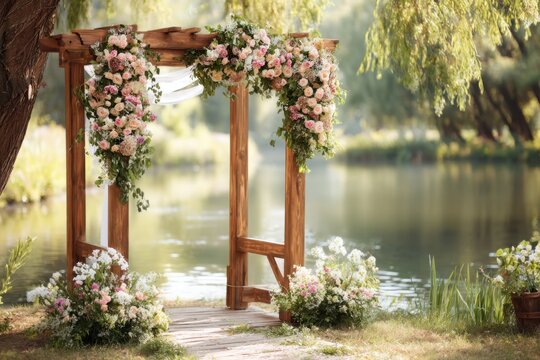 Elegant wooden arbor adorned with colorful floral arrangements by the tranquil lake in the late afternoon sun perfect for outdoor weddings and celebrations