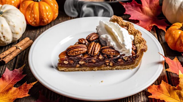 A perfect overhead composition of a freshly cut slice of rich pecan pie elegantly presented on a white plate ready for an autumn celebration perfect overhead composition, simple, freshly cut slice
