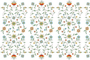 Vibrant floral pattern with colorful flowers and leaves on white background
