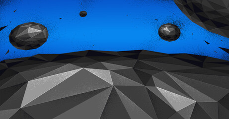 Low poly illustration of a planet terrain with satellites flying in space, vector wallpaper art of sci-fi astronomy, science fiction background.