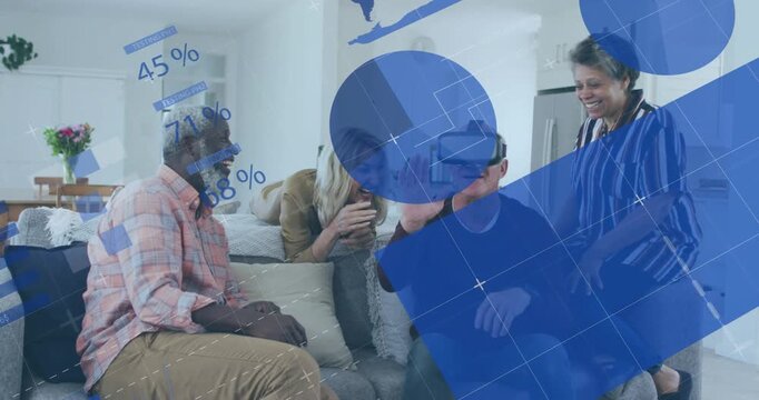 Animation of infographic interface over diverse senior friends having fun wearing vr headset