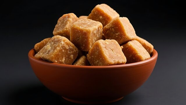Rustic Bowl of Golden Jaggery Cubes, Natural Unrefined Sweetener, Indian Cuisine Ingredient