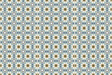 Vibrant geometric pattern with floral motifs in blue and gold