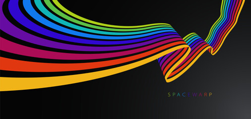 Rainbow colored lines in 3D perspective vector abstract background, curve stripes tapes happy positive emotion wallpaper, joyful warped ribbon.