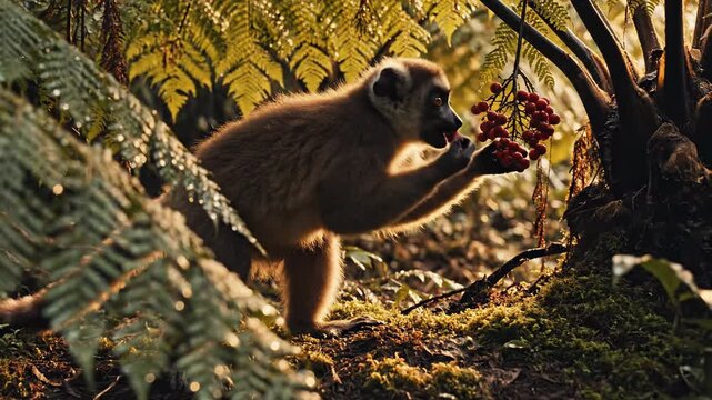 A monkey in a forest, holding and eating red berries, surrounded by foliage.