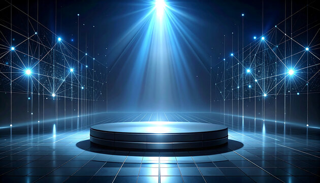 Futuristic circular stage under spotlight—dark high-tech environment with glowing blue grid and interconnected lines. - Powered by Adobe