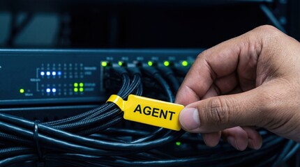 Hand attaching yellow AGENT tag to server cables in data center Concept of network security, IT management, and system identification