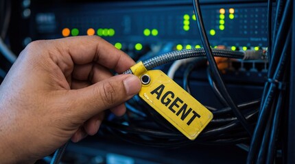 Hand holding yellow tag labeled AGENT on server cable in data center Concept of IT security, network management, and technology