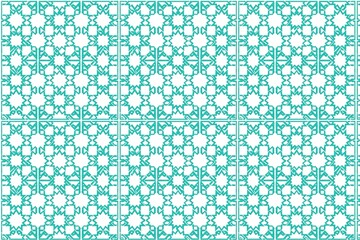 Teal and white geometric tile pattern with symmetrical floral designs
