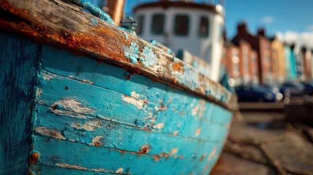 Weathered blue wooden boat with peeling paint in harbor with colorful buildings.