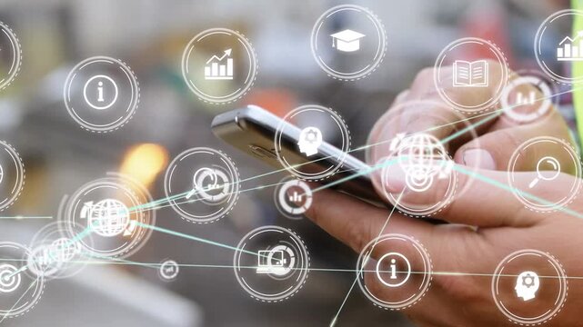Animation of network of connections with icons over woman using smartphone