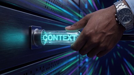 Man connecting CONTEXT tube to server rack, data flow, technology concept