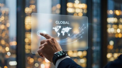 Man touching global network interface on futuristic screen, business technology concept