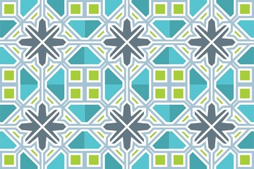 Vibrant geometric pattern with floral motifs in teal and gray