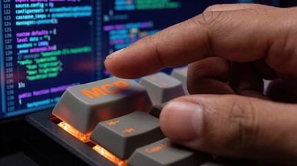 Programmers hand typing on illuminated keyboard with code on screen Focus on technology, coding, and digital work