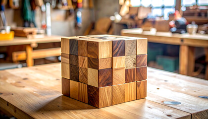 Wooden puzzle cube made of varied wood blocks—3x3x3 configuration on workbench with tools in active workshop.