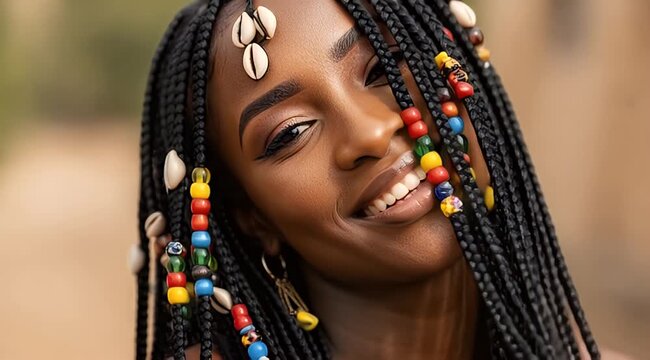 African woman with braided hair and beads.