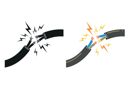 Electric wire breaking with colorful sparks and lightning bolts flying out