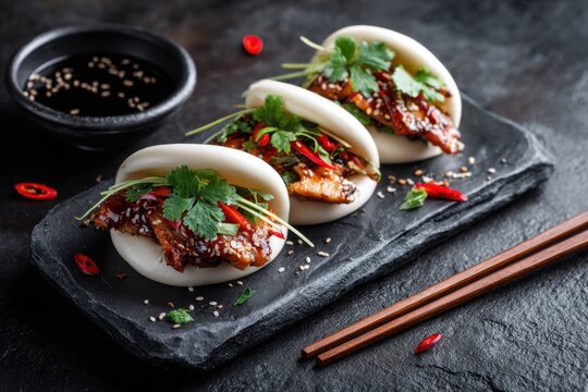 Tasty chicken bao buns served on a slate plate with fresh herbs and sauce for a delightful meal experience