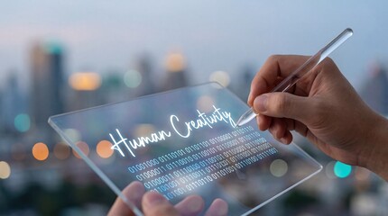 Hand writing Human Creativity on transparent tablet with binary code, futuristic cityscape background Concept of innovation, technology, and digital art