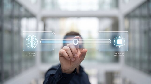 Man touching screen comparing human intelligence and artificial processing, futuristic interface Concept of technology, AI, and innovation - Powered by Adobe