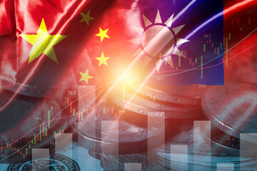 Double exposure of China and Taiwan flags with coins and financial chart for economic growth market and volatility investment under pressure of geopolitical conflict from both countries concept.