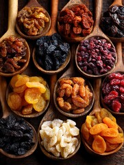 Assortment of Dried Fruits in Wooden Spoons