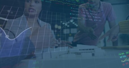 Animation of graphs and trading boards over diverse coworkers discussing buildings model in office - Powered by Adobe