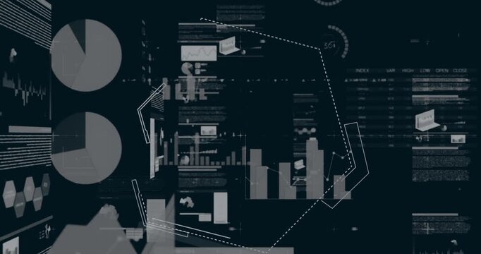 Animation of hexagon over multiple graphs and trading board against black background