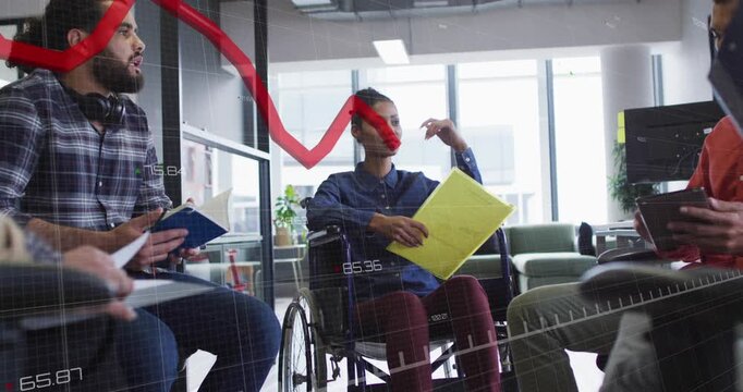 Animation of red graphs moving over disabled woman discussing with colleagues at office