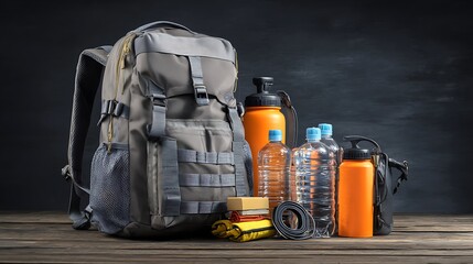 Outdoor gear and accessories on a wooden surface.