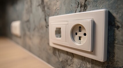 Closeup of power outlets installation in a coworking space renovation highlighting updated electrical infrastructure for remote work devices.