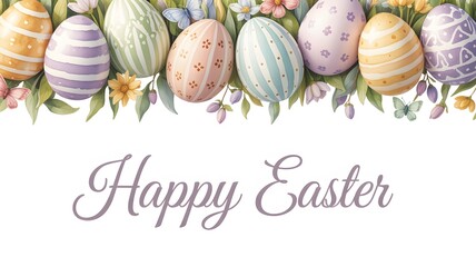 Happy easter banner with a colorful array of beautifully decorated watercolor eggs, flowers, and butterflies