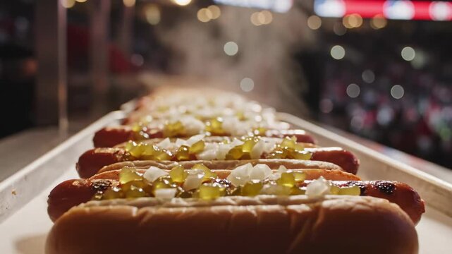 A smooth cinematic dolly shot moving along a row of perfectly prepared stadium hotdogs garnished with relish and onions ready for hungry fans on a blurred dark background moving, motion, wide