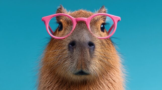 Capybara wearing pink glasses against blue background.