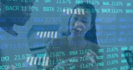 Animation of financial data processing over diverse business people in office - Powered by Adobe