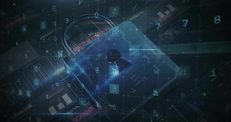 Animation of padlock icon and data processing on black background - Powered by Adobe