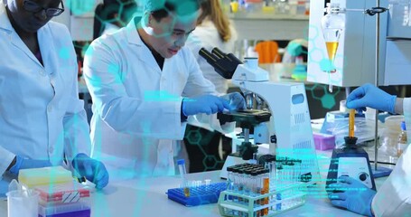 Animation of scientific data processing over diverse scientists in laboratory - Powered by Adobe