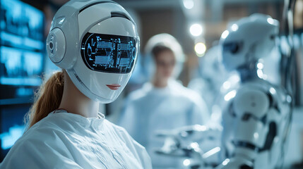 Ultra-realistic cinematic scene of an advanced humanoid AI robot working alongside human medical professionals inside a modern laboratory or hospital environment, robot wearing clean medical attire wi