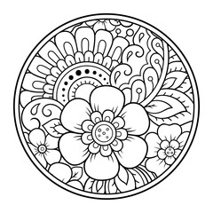 Outline round flower pattern in mehndi style for coloring book page. Antistress for adults and children. Doodle ornament in black and white. Hand draw vector illustration.