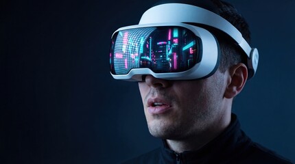 Man wearing VR headset, futuristic city reflection in goggles, exploring virtual reality Concept of technology, metaverse, gaming, and digital immersion