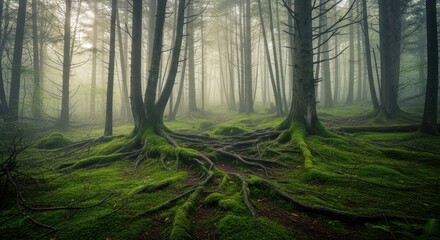 Obraz premium Ancient Forest Floor with Gnarled Roots and Moss