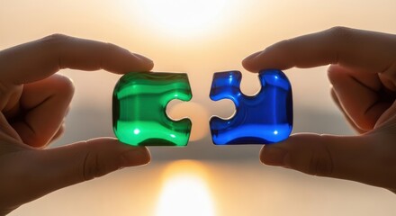 Hands Holding Green And Blue Puzzle Pieces Together