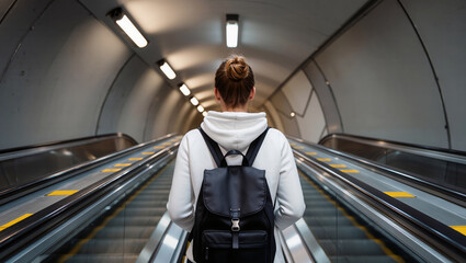 Modern metro station with escalators descending into tunnel, person in white hoodie on steps, curved ceiling, metal walls and yellow markings, illustrating urban public transport