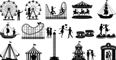 Black and white silhouettes of amusement park rides and romantic couples enjoying activities Ferris wheel carousel © Monir Worlds