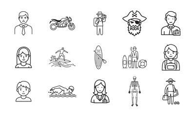 Fototapeta premium People and Activity Line Icons Set, Professions, Sports and Lifestyle Outline Symbols