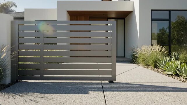 Modern home entrance featuring a closed, horizontal-slatted gate, pathway, and landscaping.